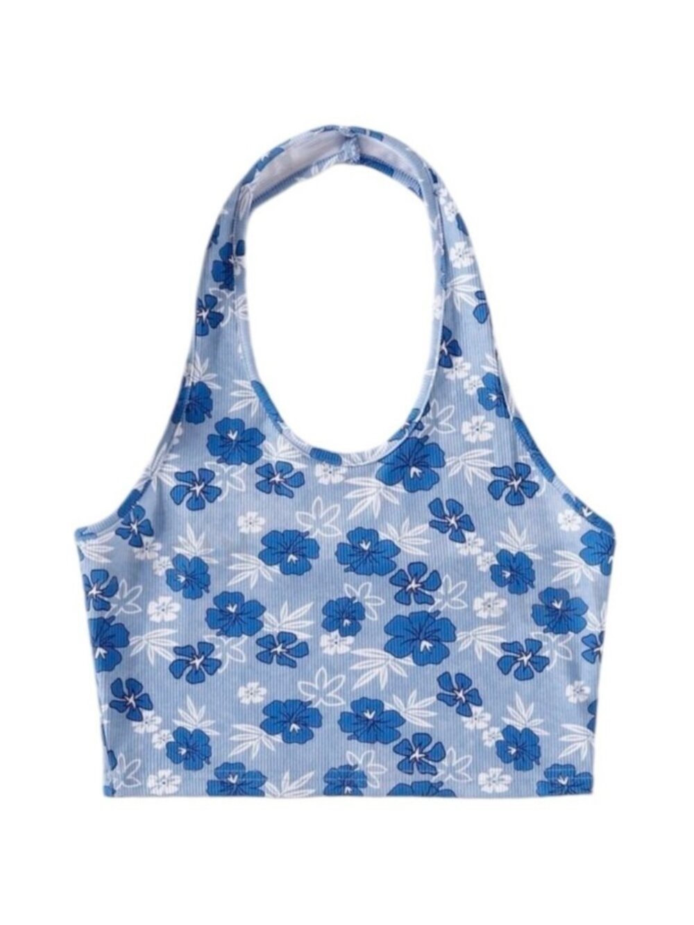 * Floral Knit Ribbed Halter Top Size 8 Blue White - Picture 2 of 7